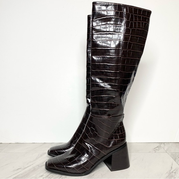 New! Sam Edelman Wade Square Toe Brown Crocodile Leather Tall Boot 7 1/2 M - Picture 1 of 15